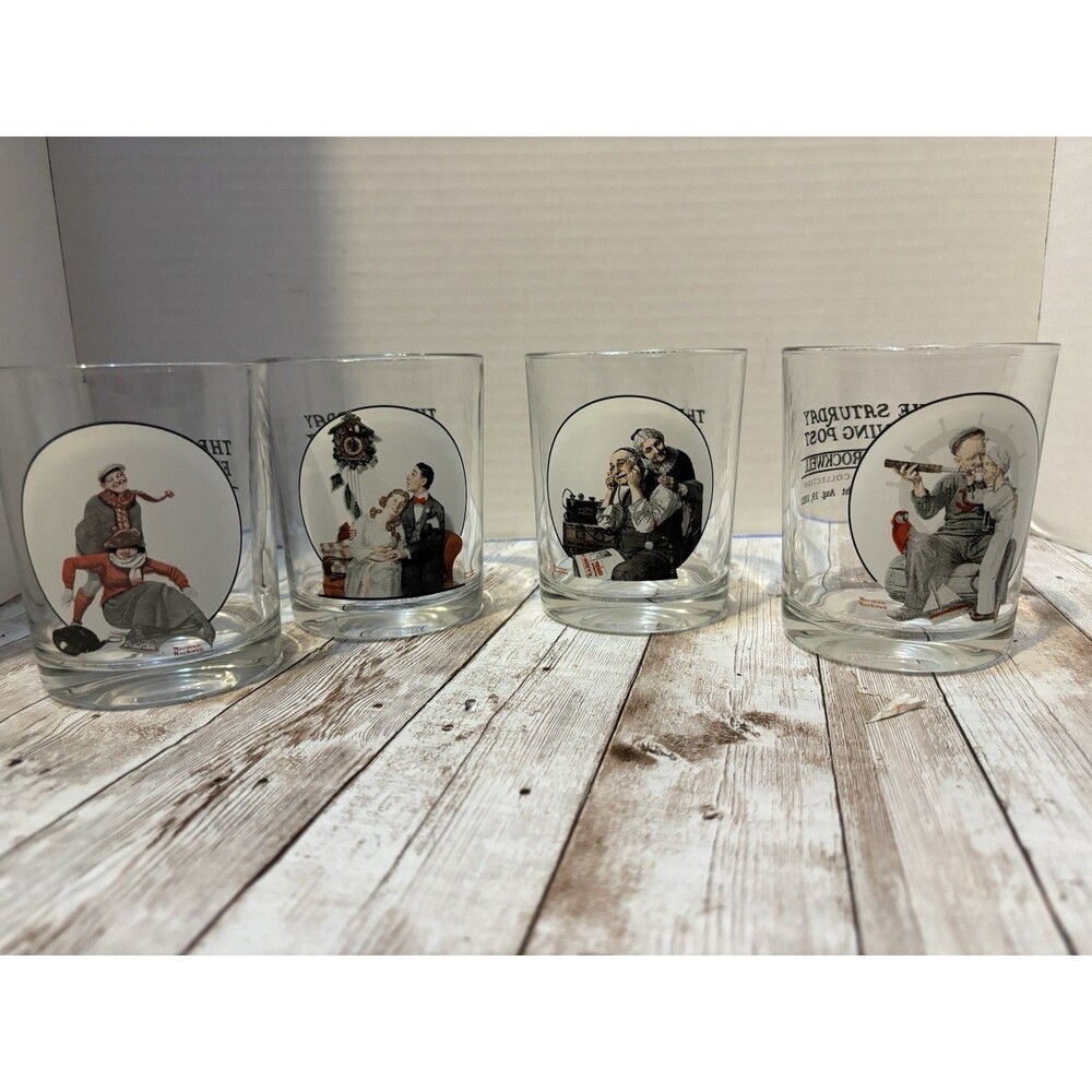Vintage Norman Rockwell Saturday Evening Post Glasses Set of 4 Rock Tumblers